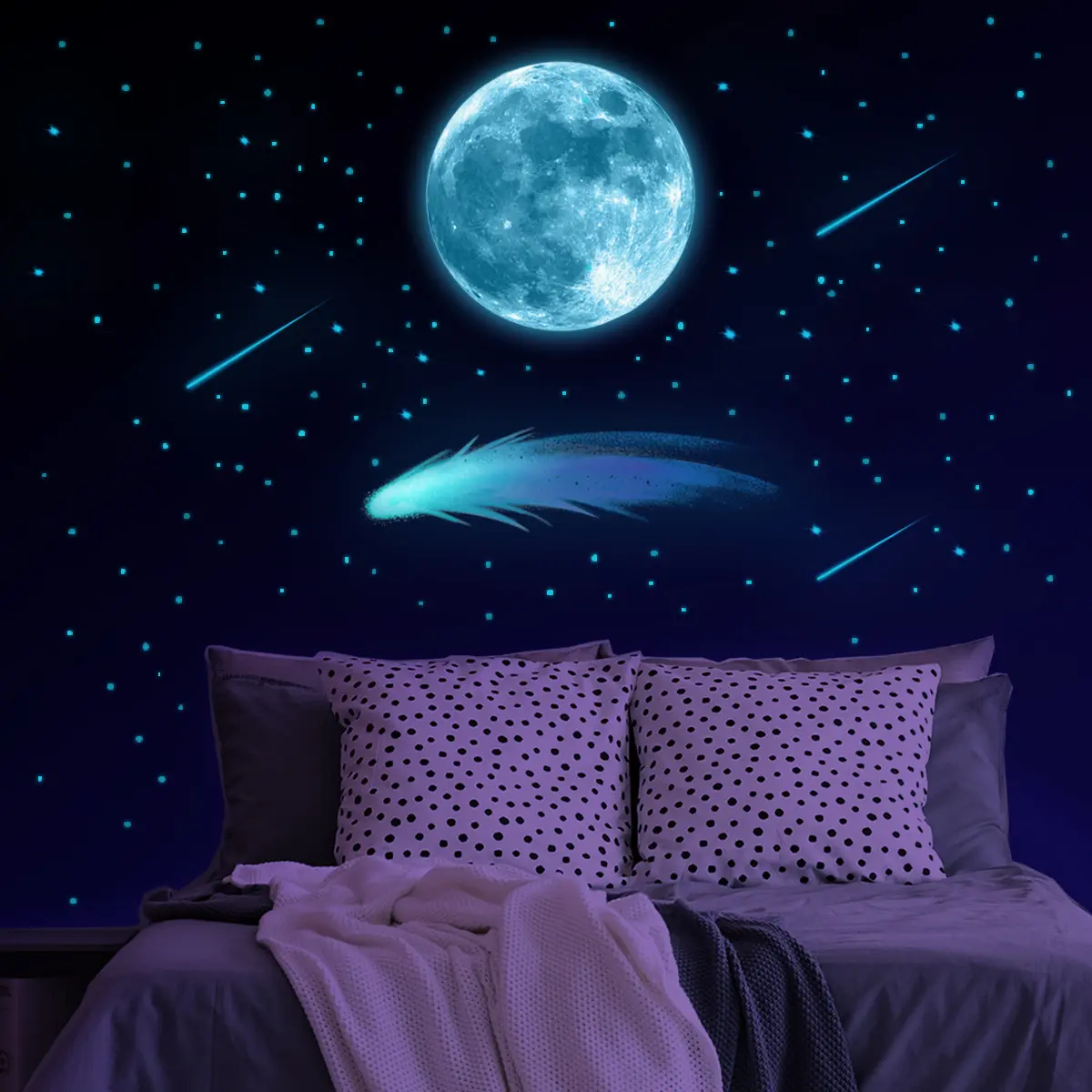 Hot PVC Luminous Glow in the Dark Blue Meteor Moon Kids Wall Stickers Home Decoration Baby Room