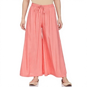 Pantalon Palazzo Décontracté Ample à Jambes Larges pour Femme, Couleur Unie, Écologique, en Polyester/Coton, Taille Élastique avec Volants et Cordon de Serrage – Vente en Gros Hiver - Product Image 1