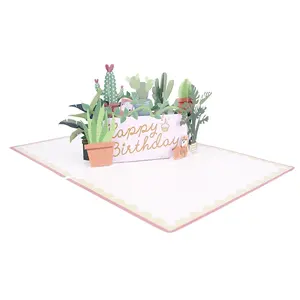 Winpsheng Handmade Paper Greeting Card Happy Birthday Laser 3D Pop Up Cactus Plant Greeting Card Pop Up Card