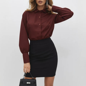 Camicetta da <span class=keywords><strong>donna</strong></span> <span class=keywords><strong>bordeaux</strong></span> vintage con maniche a palloncino e colletto elegante, ideale per l'ufficio e il tempo libero estivo - Offerta imperdibile - Product Image 1