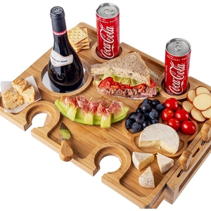 <span class=keywords><strong>Table</strong></span> de pique-nique en bambou avec porte-bouteille et verres, plateau de service en bois avec couteaux à fromage - Product Image 3