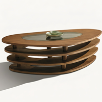 Table basse ovale moderne en placage de noyer avec plateau en verre trempé, finition mate, table centrale en bois pour salon, hôtel, villa, meubles