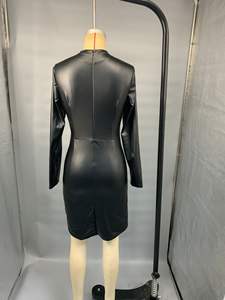 <span class=keywords><strong>Robe</strong></span> moulante mi-longue en similicuir à manches longues pour femmes, robes décontractées pour femmes - Product Image 6