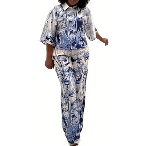 Women's Tropical Print 2 Piece Set - 3/4 Sleeve Button <b>Down</b> Shirt & Wide Leg <b>Pants</b> African Women Sets Fashion - Product Image 2