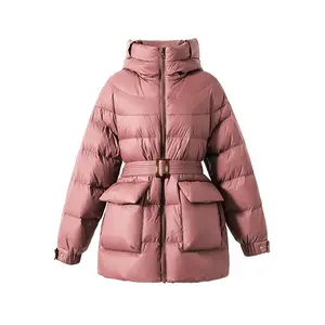 Factory direct custom OEM warm casual thickening women's down jacket with white duck down with belt for winter coat