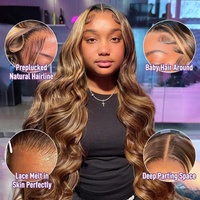 Perruques Body Wave en Cheveux Humains avec Mèches, Dentelle HD Frontale, Ombré, Cheveux Indiens Bruts, Perruque Frontale HD Sans Colle