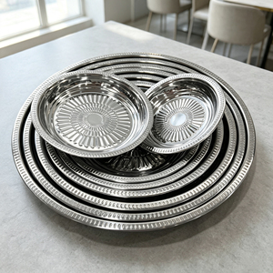 Plateau de service rond en acier inoxydable, motif gaufré, <span class=keywords><strong>grande</strong></span> taille 20-50 cm, <span class=keywords><strong>assiette</strong></span> décorative en métal pour restaurant, maison, vente en gros - Product Image 4