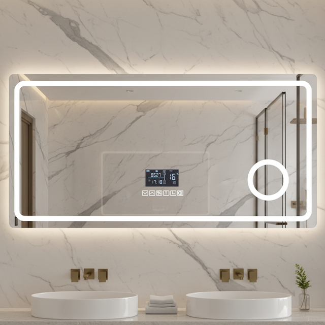 2026 Hot Selling Rectangular Smart Bathroom Mirror Bluetooth LED Light Anti Fog Bluetooth Speaker Wall Mounted Apartment