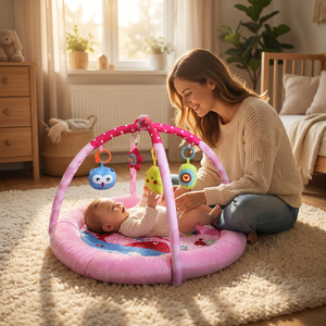 Tapis d'éveil 8-en-1 rose fantaisie avec jouets suspendus en forme d'oiseaux et bordure de sécurité en velours doux - Product Image 3