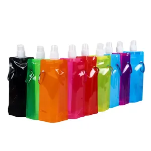 Botol air fleksibel padat 480ml, dengan Carabiner lipat, tas minuman plastik untuk Hiking luar ruangan
