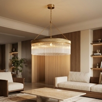 Luminaire Jingshi en forme d'anneau doré avec franges en tube de verre, longues bandes de verre verticales, éclairage chaleureux pour la décoration de plafond à domicile