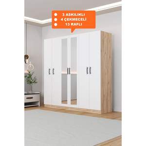 Armario Moderno Independiente de 6 Puertas, Color Blanco, con Espejo, 4 Cajones y 13 Estantes, Diseño Simple, Mueble de Almacenamiento para Dormitorio - Product Image 6