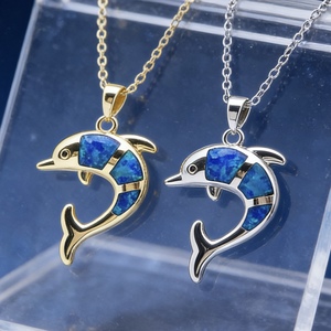 Kalung Liontin Hongqi 925 Perak Biru Blaze Opal Bentuk Lumba-lumba Berlapis Emas Rantai Link Setting Bezel Trendi Unisex Hadiah Pesta - Product Image 5