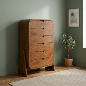 Commode à 5 tiroirs en bois de manguier massif avec bords arrondis et pieds inclinés, style moderne du milieu du siècle, pour chambre à coucher - Product Image 3