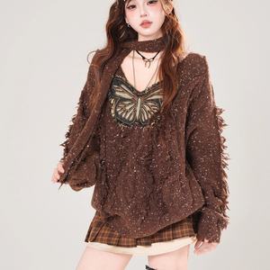 <span class=keywords><strong>American</strong></span> <span class=keywords><strong>Vintage</strong></span> Butterfly Patchwork V-neck <span class=keywords><strong>Long</strong></span> Sleeve Sweaters with Scarf Y2k Punk Tassel Spicy Girl Pullovers - Product Image 4