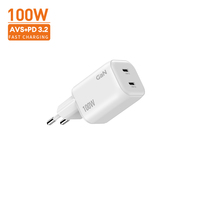 Cargador de Pared USB-C Dual de Carga Rápida GaN de 100 W, PD 3.0, AVS PD 3.2, QC 3.0, Certificado CE, PSE, ROHS, para Computadora Portátil, Tableta, Portátil