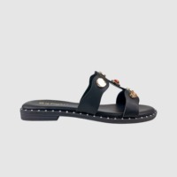 Sandales plates décontractées avec boucles métalliques et pierres, bout rond ouvert, antidérapantes, légères, souples, à enfiler, pour femmes, pour l'extérieur