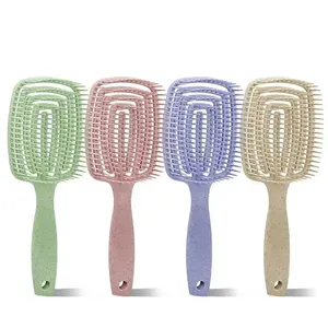 Custom Logo Wheat Straw Bio Friendly Wet Dry Use Curved Hollowing Out Vent Brush Comb Detangle Hair Brush