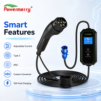 Chargeur EV portable 7kW 32A Type 2 monophasé 230Vac IP65 avec prise CEE bleue et câble de 5m pour la recharge de véhicules électriques à domicile ou au garage en Europe