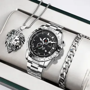 Groothandel Mode Luxe Horloges Mannen Pols Date Goud Roestvrij Staal Cadeau Set Sport Zakelijk Horloge Voor Mannen Reloj Sieraden Sets