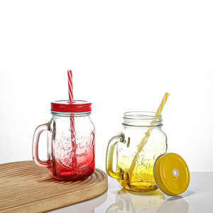 Barattolo di vetro multicolore disponibile con stampa logo di fascia alta 16oz con manico e paglia colorata e coperchio - Product Image 2