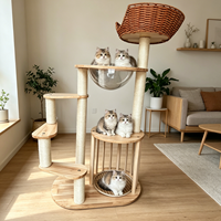 Arbre à chat moderne avec structure d'escalade, maison-nid, plateforme de saut et griffoir - Construction durable en bois de caoutchouc et rotin, écologique