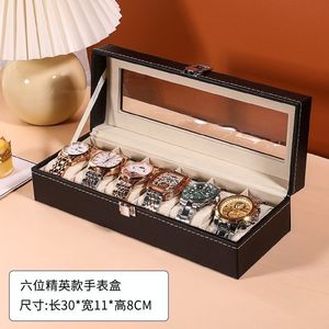 Boîte de rangement pour montres en cuir, 6 emplacements avec serrure, boîte à bijoux rectangulaire pour usage domestique - Product Image 1