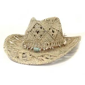 Chapeau de cowboy occidental en paille naturelle tressée à la main, avec perles et coquillages, idéal pour la plage et la protection solaire – Nouvelle collection été, vente flash - Product Image 1