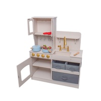 Cuisine de jeu d'imitation moderne en bois avec accessoires dorés, paniers de rangement et casseroles, jouet de cuisine pour enfants et tout-petits