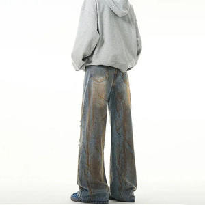 OEM/ODM กางเกงยีนส์ซักโคลนสำหรับผู้ชายกางเกงยีนส์ทรงหลวมทรงตรงแบบเรียงซ้อนสำหรับเด็กผู้ชายกางเกงยีนส์ขาดๆฮิปฮอป - Product Image 4
