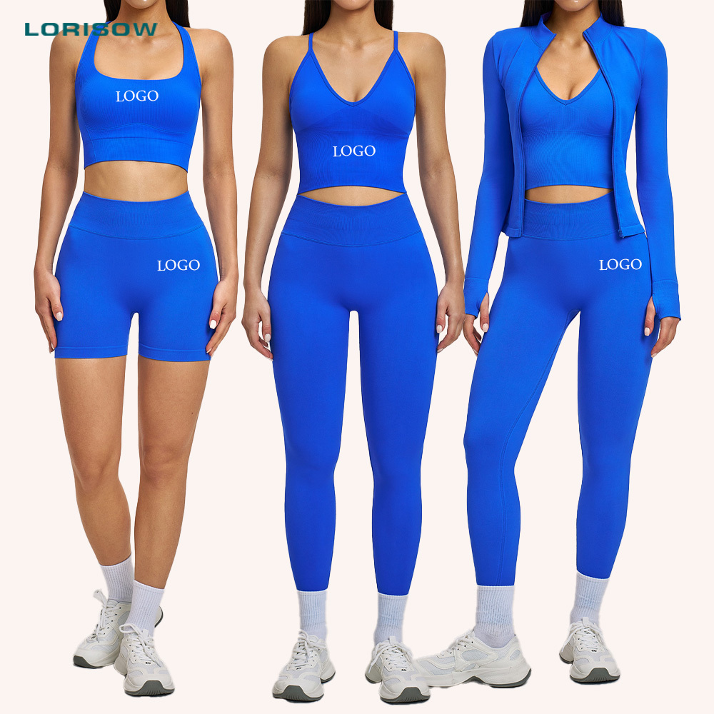 LORISOW Wholesale Sportswear Active Wear Jacket 5 Piece Seamless Gym Clothes Workout Yoga Leggings and Bra Sets for Women