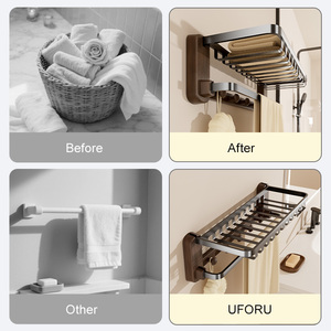 UFORU 壁掛け多機能プラスチックウッド二層オーガナイザーラック、バスルームとトイレの収納棚用 - Product Image 4