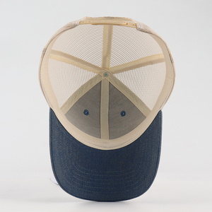 Casquette en maille autocollante de marque OEM <span class=keywords><strong>Islande</strong></span> Écusson de broderie 5 panneaux, casquette de camionneur ajustable structurée à la mode unisexe en denim personnalisée - Product Image 4