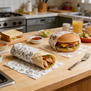 กระดาษเคลือบ PE กันไขมันและเคลือบแว็กซ์ พิมพ์โลโก้ตามสั่ง สำหรับบรรจุภัณฑ์เบอร์เกอร์ แซนวิช และอาหาร - Product Image 5