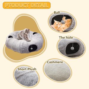 Cama Túnel para Gatos de Felpa Gris, Refugio Redondo Interactivo para Gatos con Almohada Extraíble, Túnel de Juego Plegable para Gatos de Combinación Libre - Product Image 2