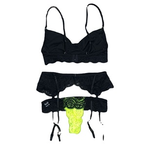 Conjunto de lencería erótica fluorescente de estilo europeo y americano, conjunto sexy de tres piezas con encaje y medias con liguero, venta al por mayor - Product Image 4