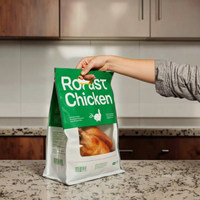 Sachet rétractable en PE imprimé sur mesure avec poignée découpée, fenêtre transparente, film résistant à la chaleur, recyclable, pour poulet rôti et aliments cuisinés