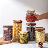 Expédition immédiate - Pot de conservation alimentaire en verre côtelé décoratif de Noël moderne de 500 ml avec couvercle en bois hermétique, compatible lave-vaisselle