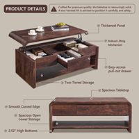 Table basse relevable de 47 pouces avec tiroir coulissant de rangement, design profilé incurvé, base sur pied, plateau épaissi, bois brun pour