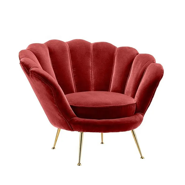 Moderne Woonkamer Meubels Rood Fluwelen Bekleding Schelp Finger Leisure Accent Sofa Stoel Met Gouden Poten