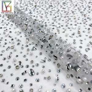 Telas con Pedrería, Malla <span class=keywords><strong>de</strong></span> Tul para Vestidos <span class=keywords><strong>de</strong></span> Novia, Tela con Pedrería y Perlas Hechas a Mano, Tela <span class=keywords><strong>de</strong></span> Encaje <span class=keywords><strong>de</strong></span> Cristal Swarovski <span class=keywords><strong>de</strong></span> Lujo - Product Image 2