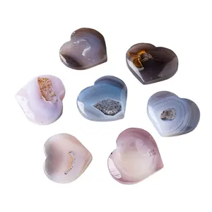 Wholesale natural polished agate heart shape crystal geode druzy healing stone ornament
