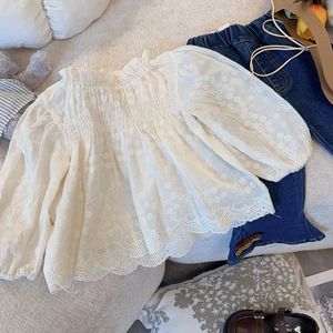 Tongxingyuan Girls' Shirt Autumn Long Sleeve Lace Top Breathable Chiffon Cotton Children's Blouse Solid Color Fall 2023 - Product Image 1