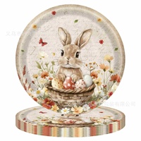 Ensemble de vaisselle jetable pour fête de Pâques, design rétro pastoral avec lapin et œufs colorés, assiettes en papier, serviettes