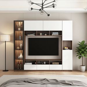 <span class=keywords><strong>Meuble</strong></span> mural <span class=keywords><strong>TV</strong></span> moderne de luxe <span class=keywords><strong>gris</strong></span> et noyer bicolore avec portes vitrées, centre de divertissement intégré avec étagères ouvertes et tiroirs - Product Image 2