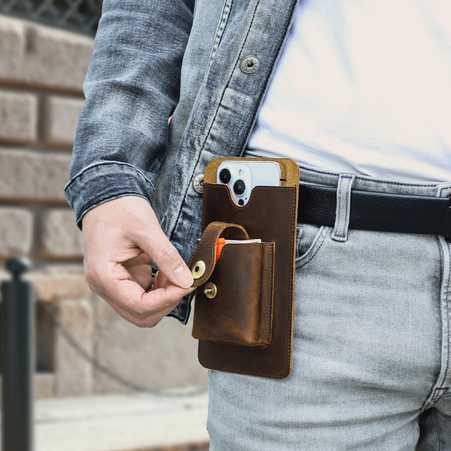 Custom Men's Genuine Leather Vintage Slim Phone Pouch Holster Streetwear Waist Pack for iPhone 13/14/15 Pro Max