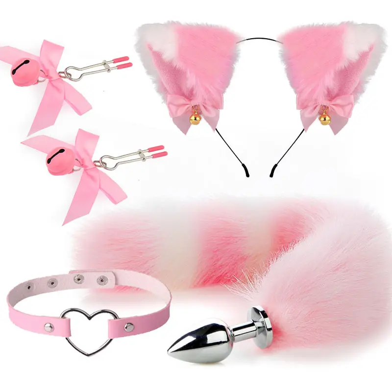 Faux Fur Wolf Fox Tail Ears Hair Clips and Bell Leather Neck Collar Set Halloween Christmas Cosplay Party Costume Toys Gift