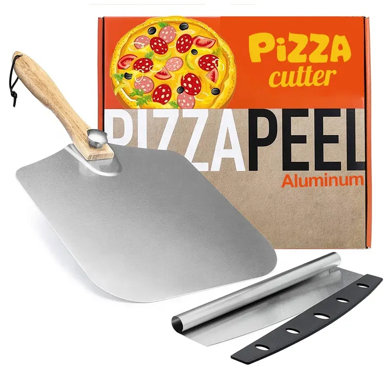 Homeade-accesorios para Pizza, herramienta de acero inoxidable para cortar Pizza y mango de madera plegable, juego de pelar Pizza de Metal de aluminio