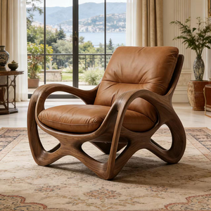 Poltrona in Legno Curvato con Rivestimento in Pelle Marrone, Sedia Lounge per Arredamento Casa - Product Image 5