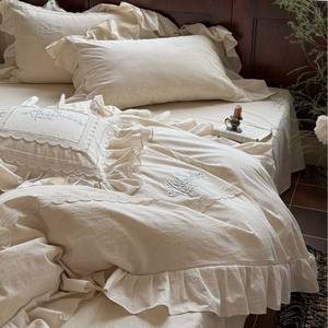 Juego de Funda de Edredón de Lino y Algodón de Cuatro Piezas Estilo Francés Miss <span class=keywords><strong>Fula</strong></span>, 200 Hilos, con Encaje, Plisado y Bordado, Juego de Funda de Edredón y Funda de Almohada, ODM/OEM - Product Image 2